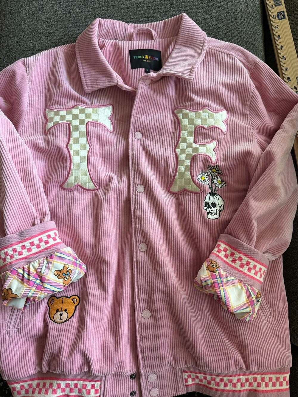 Teddy Fresh Pink Corduroy Varsity Jacket with Skull and Bear Embroidery